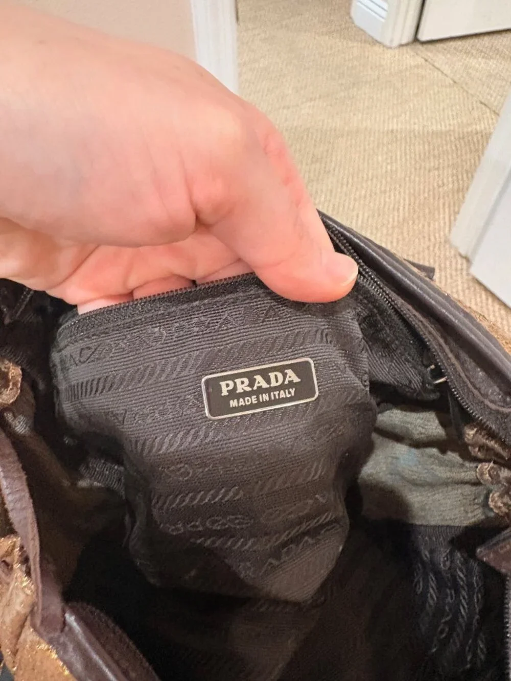Prada Authentic Vintage Early 2000’s Prada Bronze, Brocade & Leather Handbag - Picture 5 of 6